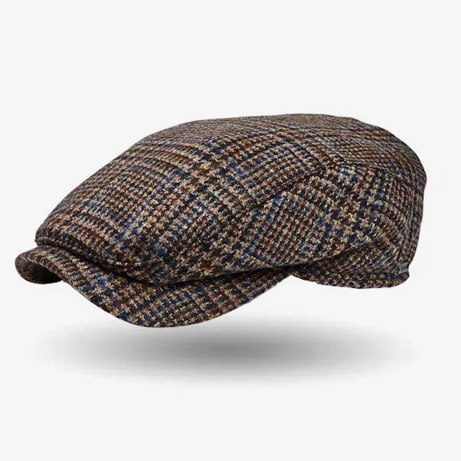 Brown Checked Wool Tweed Cap