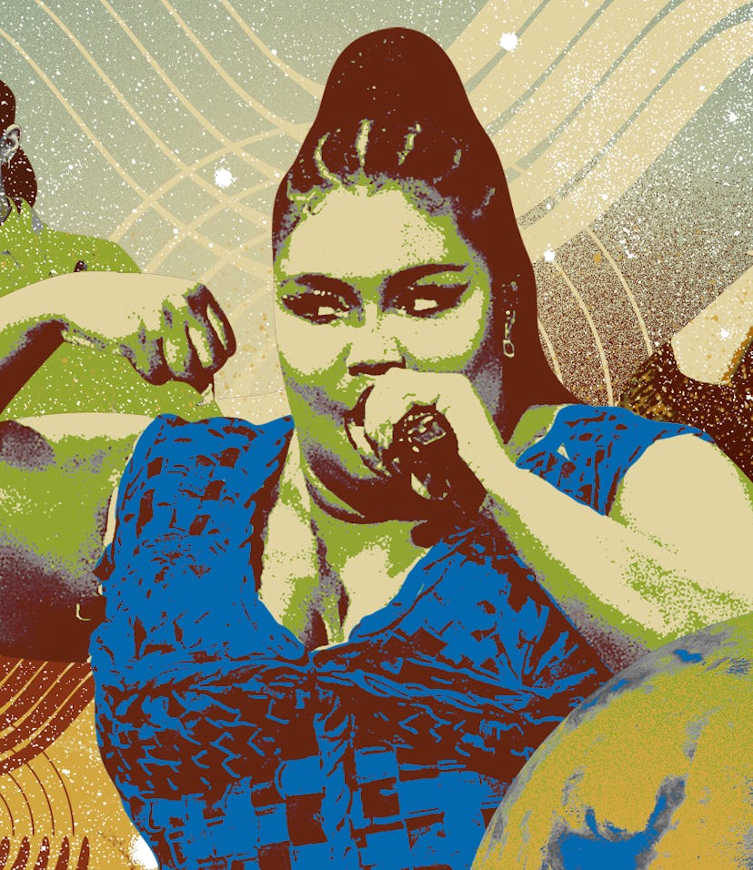 Collage of Taurus celebrities: Gigi Hadid and Adele in the background and Lizzo at the forefront