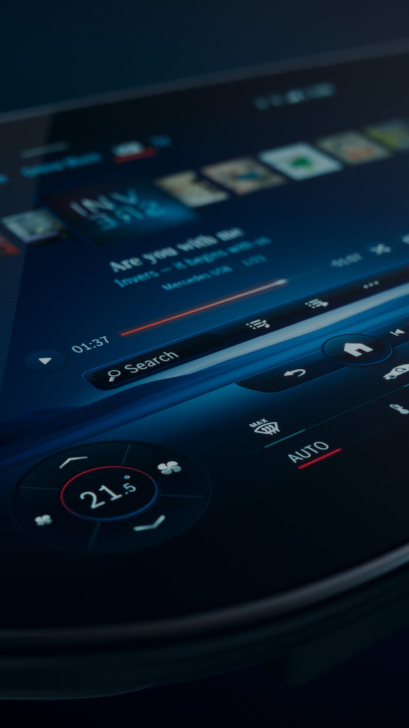 The Mercedes-Benz Hyperscreen, a 56-inch infotainment system that will debut in late 2021.