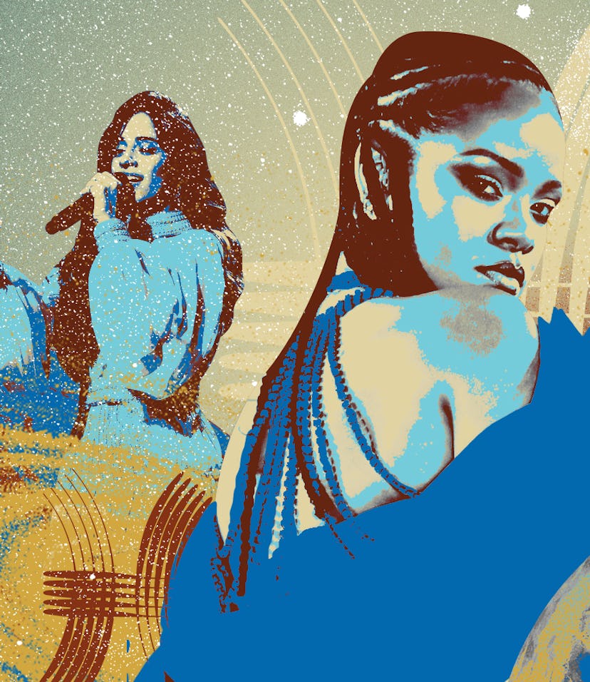 Collage of Pisces celebrities: Camila Cabello and Millie Bobby Brown in the background and Rihanna a...