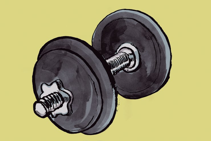 Illustration of dumbbell against green background.