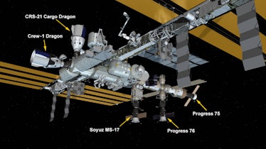 Illustration of International Space Station with multiple docked space craft including SpaceX CRS-21