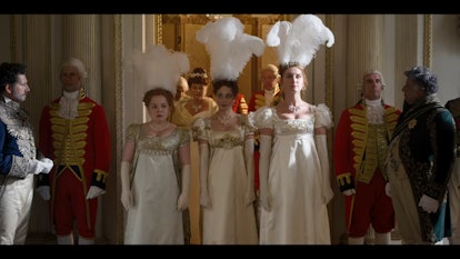 Penelope, Philipa, and Prudence Featherington appearing before the Queen in episode one of "Bridgert...
