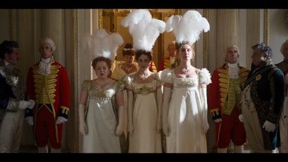 Penelope, Philippa, and Prudence Featherington being presented to the Queen in episode one of "Bridg...