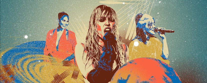 A collage of Chrissy Teigen, Miley Cyrus, and Billie Eilish as Sagittarius celebrities 