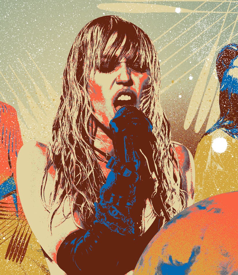 A collage of Chrissy Teigen, Miley Cyrus, and Billie Eilish as Sagittarius celebrities