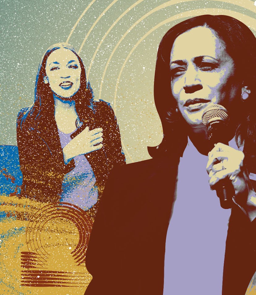 Collage of Libra celebrities: Bella Hadid and Serena Williams in the background and Kamala Harris at...