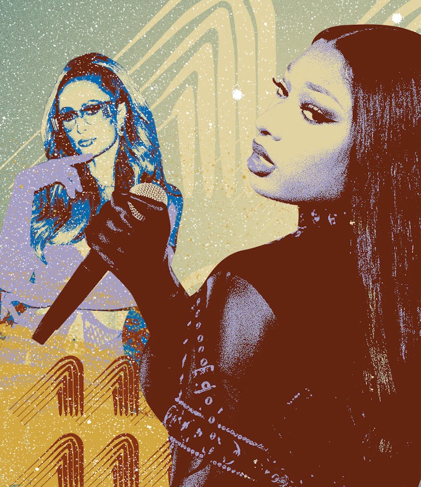 Collage of Aquarius celebrities: Paris Hilton and Oprah Winfrey in the background with Nicki Minaj a...