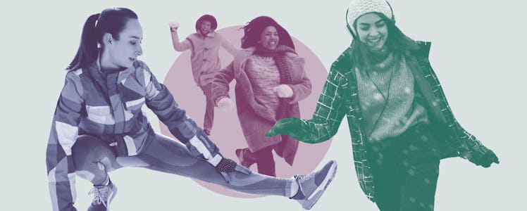 A few happy woman do outdoor fitness activities.