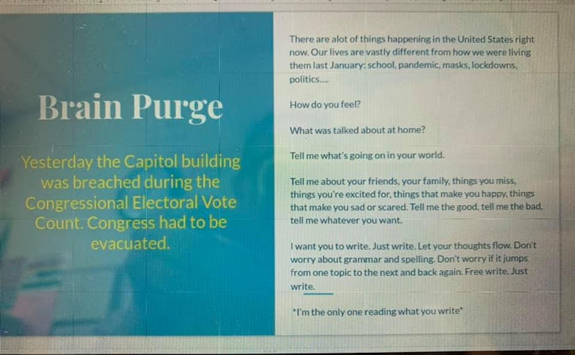 An image of the slide with a writing prompt titled "Brain Purge" Rachel presented to her students.