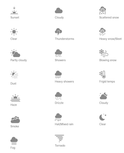 A black and white display of the 23 Apple weather icons. 