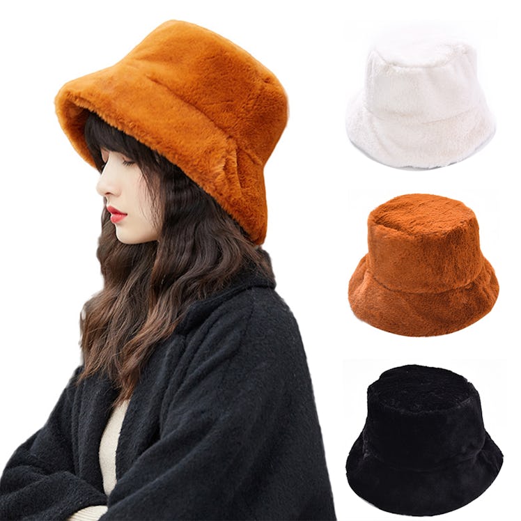 Spring Park Chic Women's Winter Solid Color Plushy Faux Fur Wide Brim Thick Warm Bucket Cap Fish Hat