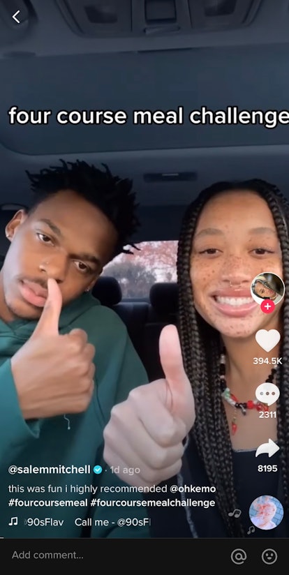 A young couple on TikTok plays the four-course meal challenge while hanging out in their car.