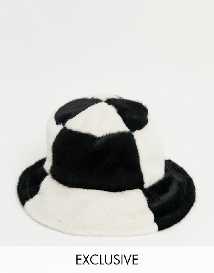 Reclaimed Vintage Inspired Unisex Bucket Hat in Patchwork Faux Fur