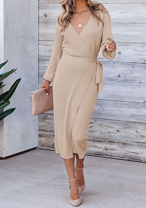 Meenew Wrap V-Neck Sweater Midi Dress