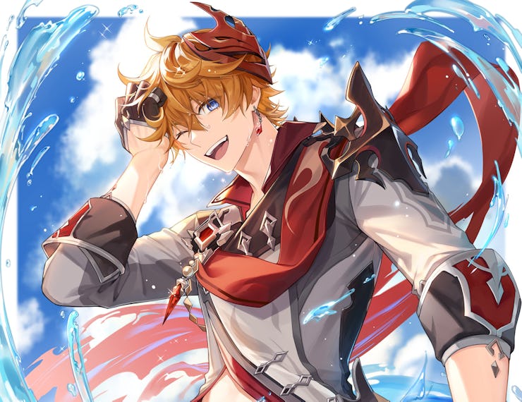 Childe Tartaglia blonde male character from the Genshin Impact video game smiling in his red-gray cl...