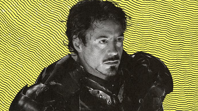 Robert Downey Jr. as Iron Man in black and white white a yellow and black striped backgournd