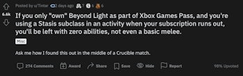 A Reddit comment that reads: "If you only 'own' Beyond Light as part of Xbox Games Pass, and you're ...