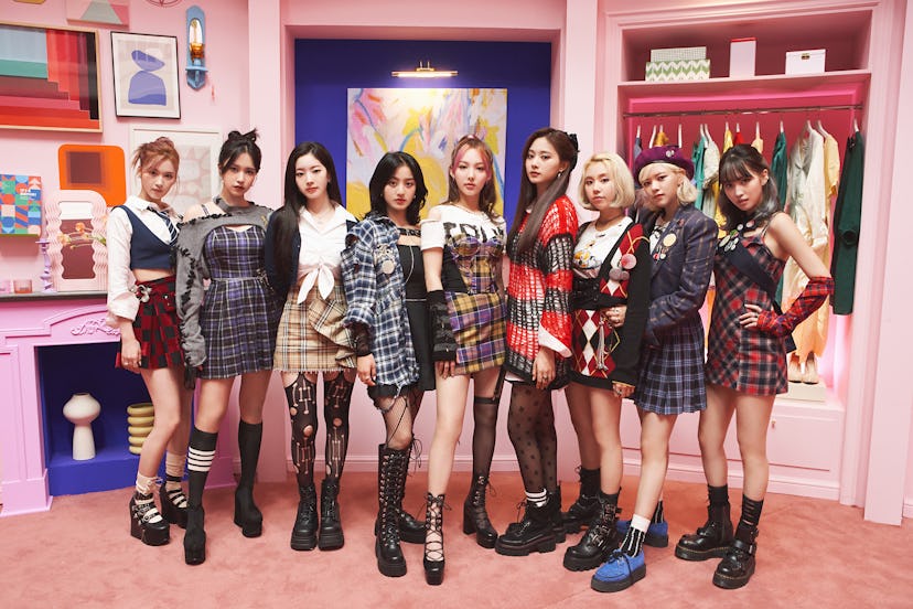 TWICE in outfits from their "The Feels" music video.