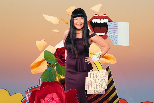 Jenny Yang in front of a collage of laughing lips, a rose and a "Honk if you won't hate crime me" si...