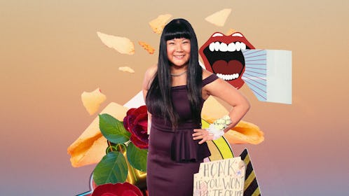 Jenny Yang in front of a collage of laughing lips, a rose and a "Honk if you won't hate crime me" si...