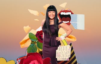 Jenny Yang in front of a collage of laughing lips, a rose and a "Honk if you won't hate crime me" si...