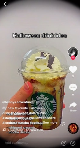 These Halloween TikTok Starbucks drinks include a mocha matcha sip.