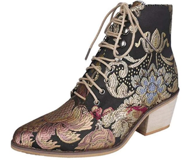 Gets Vintage Floral Embroidered Block Heel Ankle Bootie