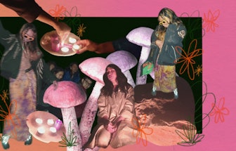 A collage of people on shrooms, candles and illustrated mushrooms all with pink undertones