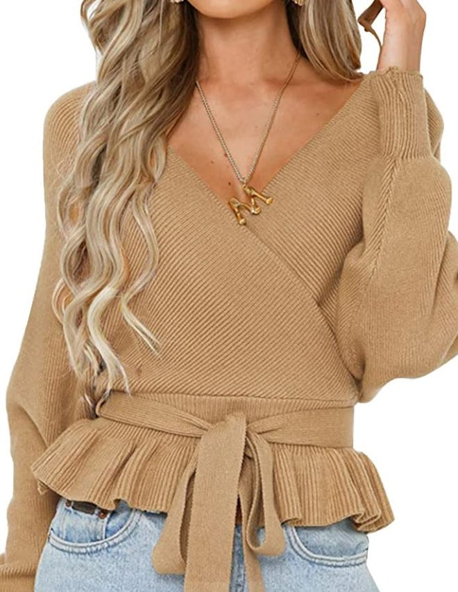 ZESICA Wrap V Neck Knitted Sweater Top