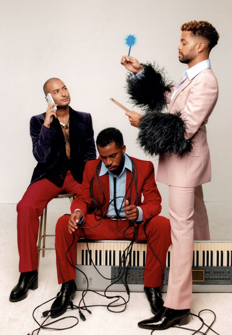 From left: Mohammed Fayaz wears a Gucci jacket, shirt, and pants; Elsa Peretti for Tiffany & Co. nec...