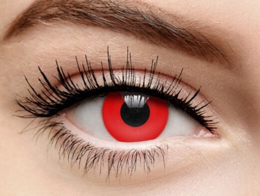 Red colored contacts help create the robot doll's look from 'Squid Game.'