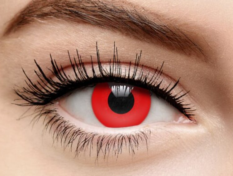 Red colored contacts help create the robot doll's look from 'Squid Game.'