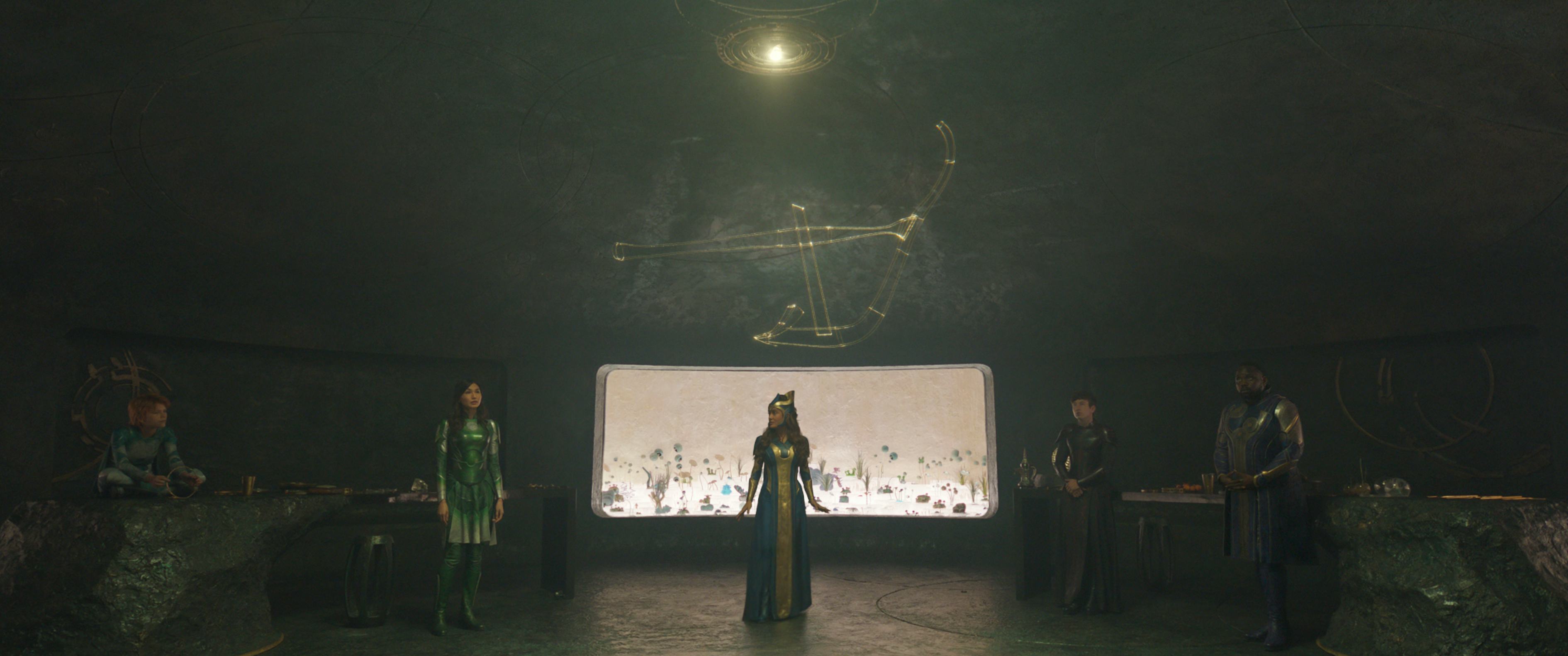 Sprite (Lia McHugh), Sersi (Gemma Chan), Ajak (Salma Hayek), Druig (Barry Keoghan), and Phastos (Bri&hellip;