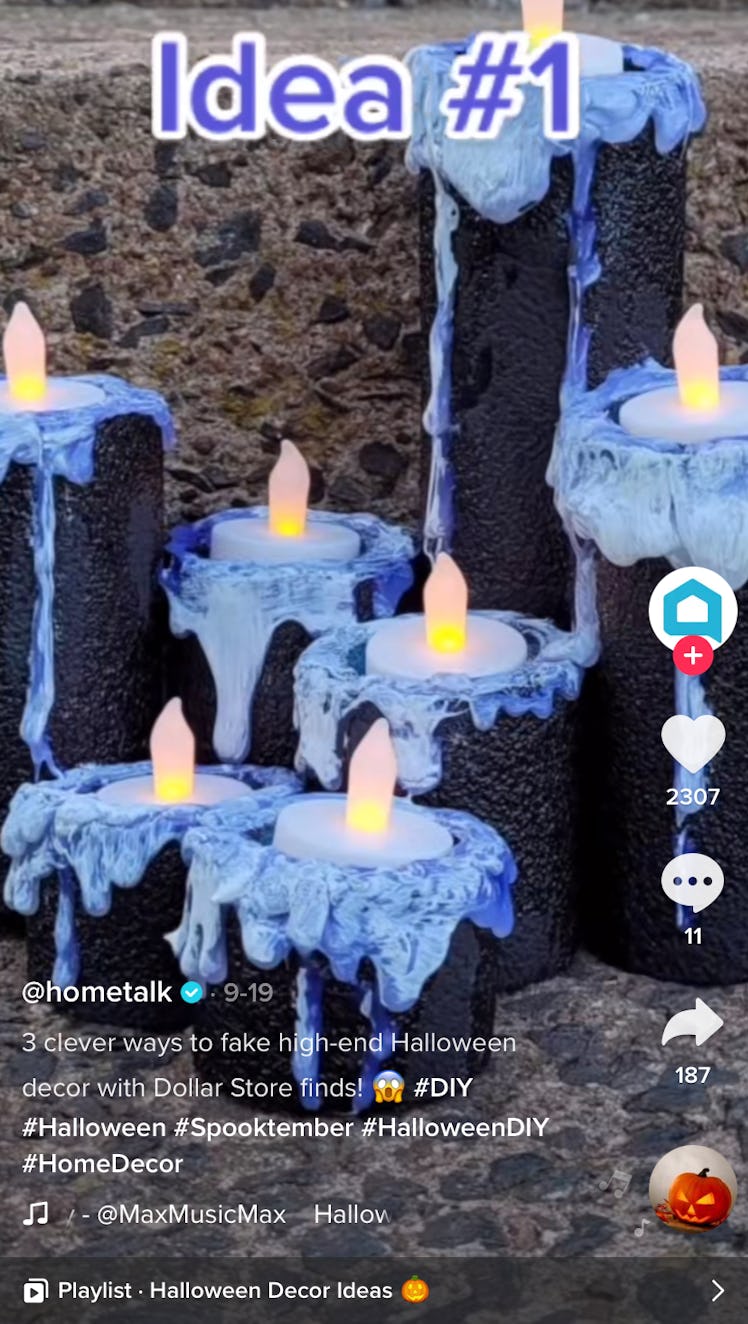 A woman shows off her best dollar store decor hacks for Halloween with DIY creepy candle sets. 
