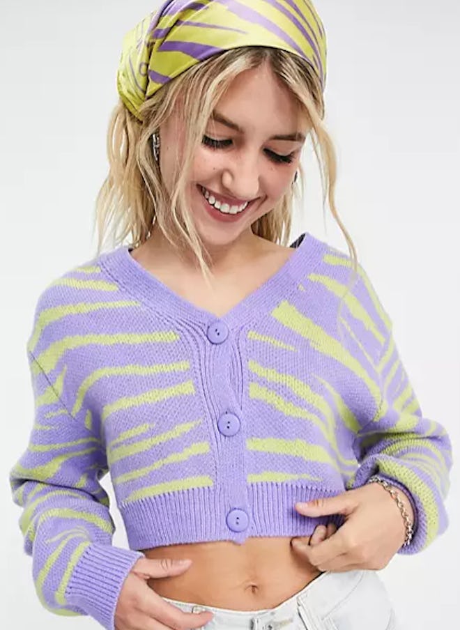 COLLUSION Boxy Cardigan In Zebra Print Purple & Green