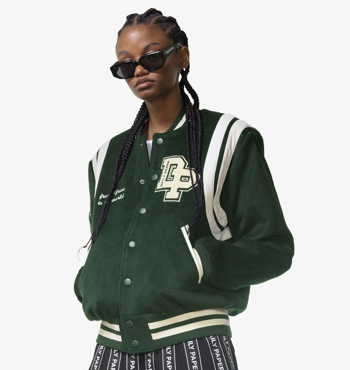 Green and black online varsity jacket