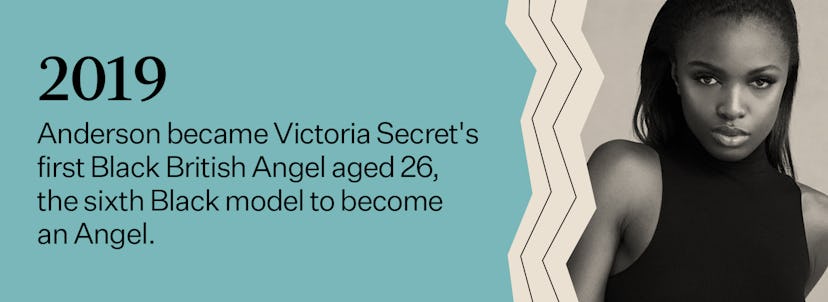 "2019 - Anderson became Victoria Secret's first Black British Angel aged 26" text next to Anderson's...