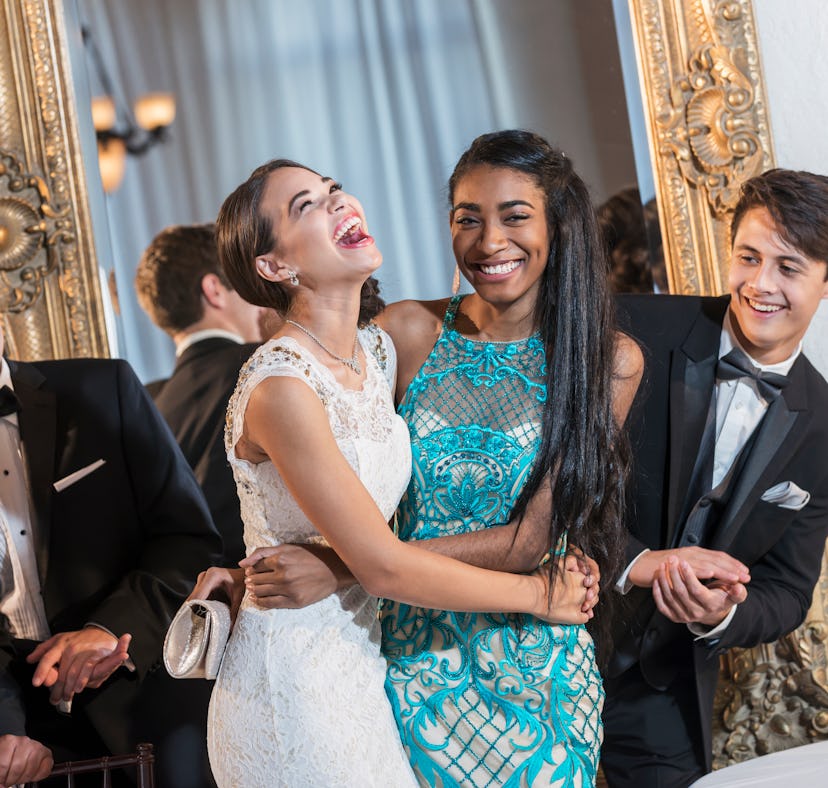 Young group of friends thriving at their sorority's semi-formal, fall formal celebration, in need of...