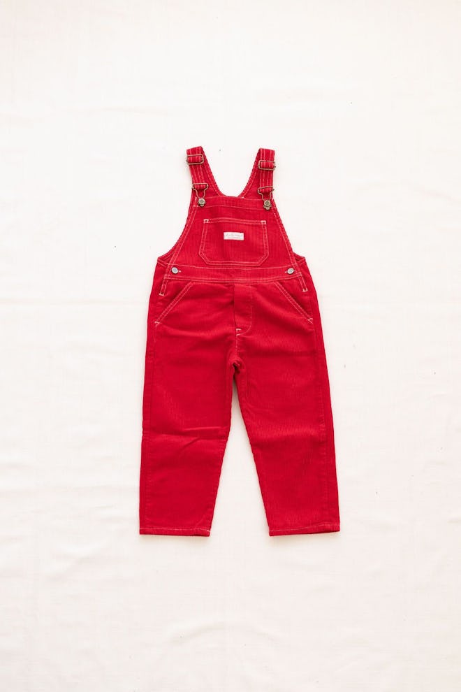 Flat lay of red kids overalls