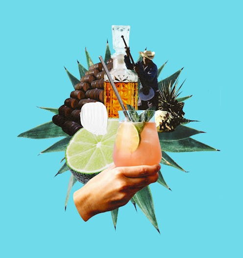 Collage of an alcoholic drink bottle, grapes, lime, and a hand holding a cocktail glass on blue back...