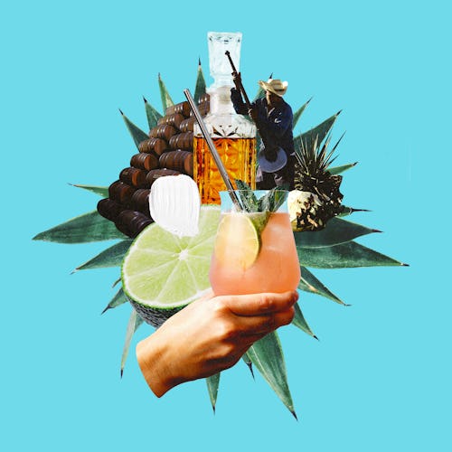 Collage of an alcoholic drink bottle, grapes, lime, and a hand holding a cocktail glass on blue back...