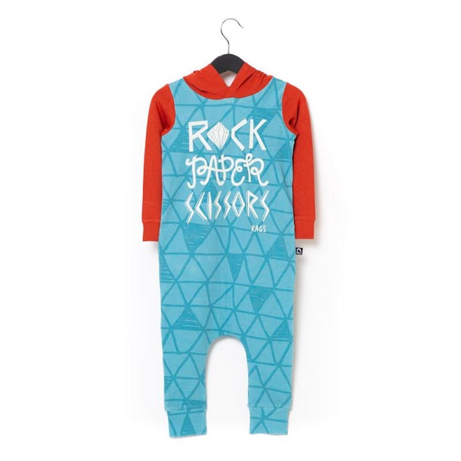 Flat lay of long sleeve romper that says "rock paper scissors" on the front