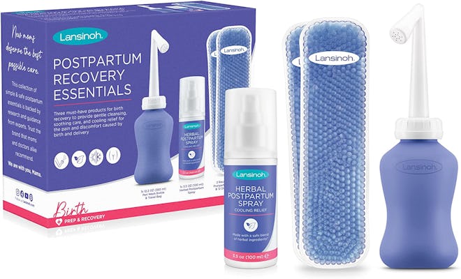 postpartum recovery set from Lansinoh including perineum spray and cleansing bottle
