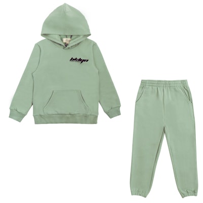 Flat lay of green sweatsuit (hoodie and sweatpants) 