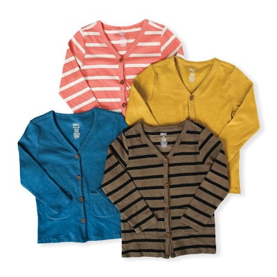 Flat lay of four kids cardigans in different colors