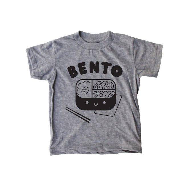 Flat lay of grey tee shirt with "BENTO" and a bento box graphic on the front