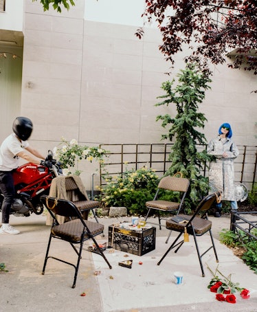 Sarah Coleman (far right), with folding  chairs of her own design and a jacket by Ari Serrano (on ch...