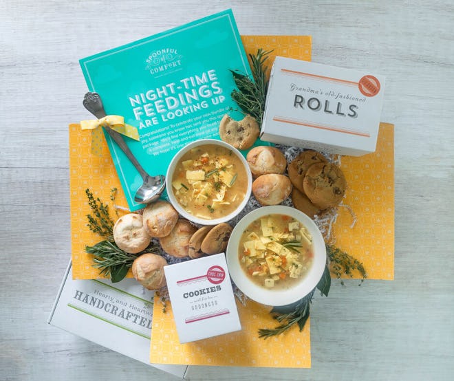product image of soup, rolls, and cookies for new parents in care package