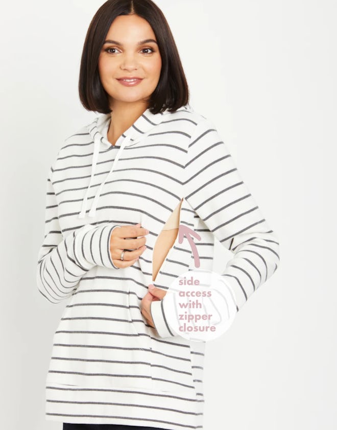 striped french terry hoodie with a zipper for nursing access